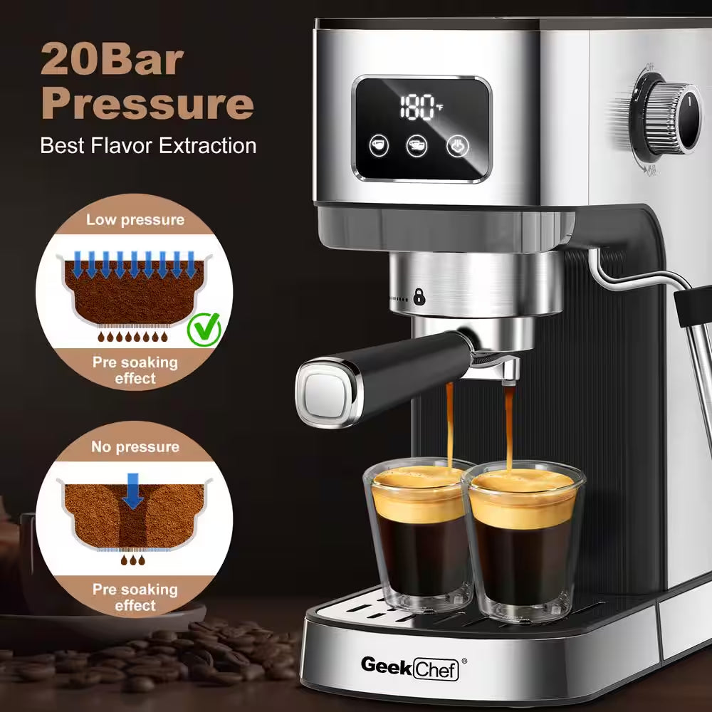 10 Cup Stainless Steel 20 Bar Espresso Machine for Cappuccino, Latte with Temperature Display