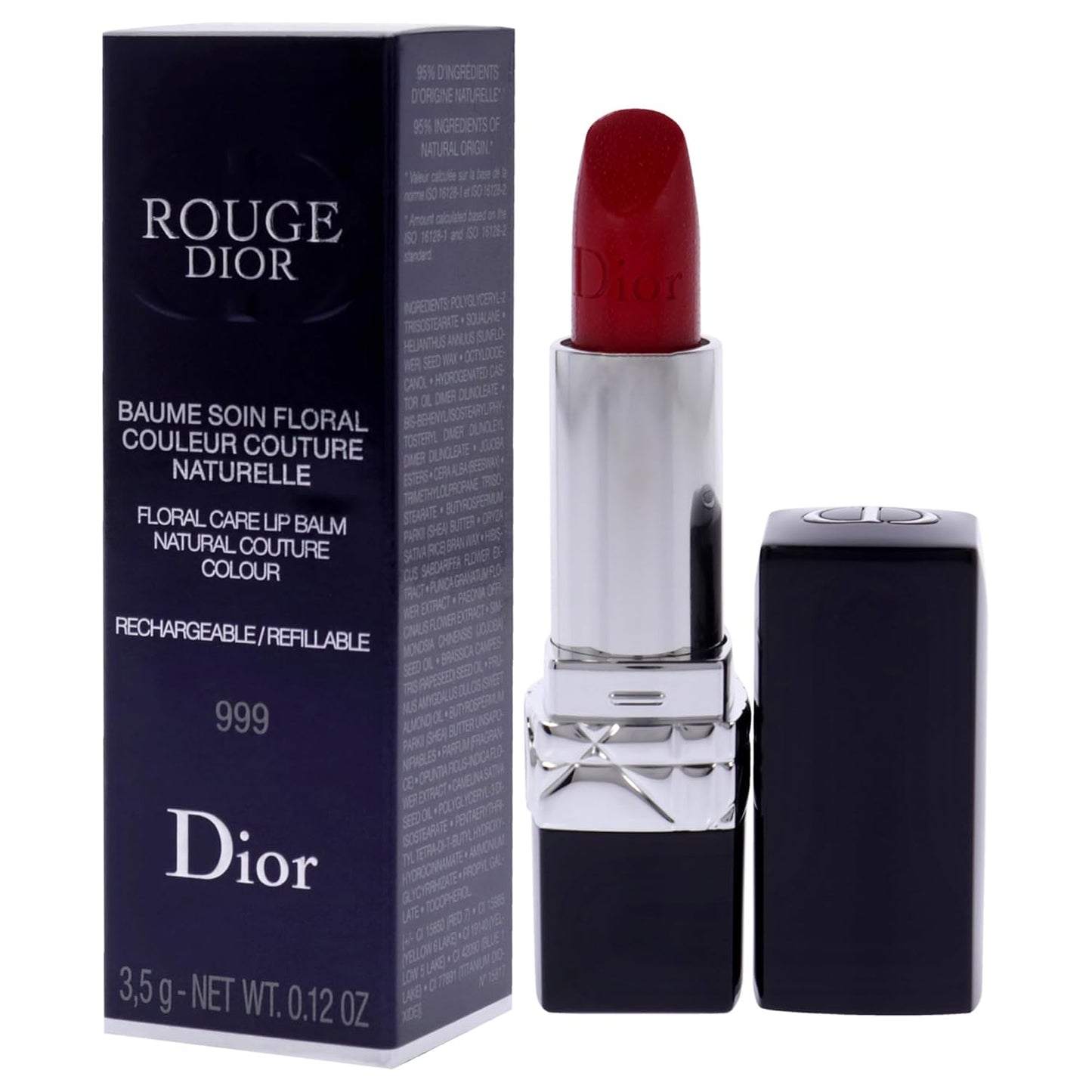 Rouge  Colored Satin Lip Balm - 999 the Iconic Red for Women - 0.12 Oz Lipstick (Refillable)