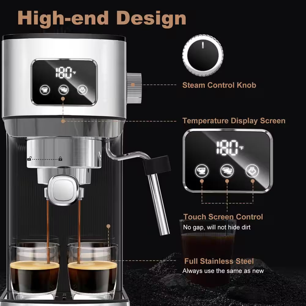 10 Cup Stainless Steel 20 Bar Espresso Machine for Cappuccino, Latte with Temperature Display