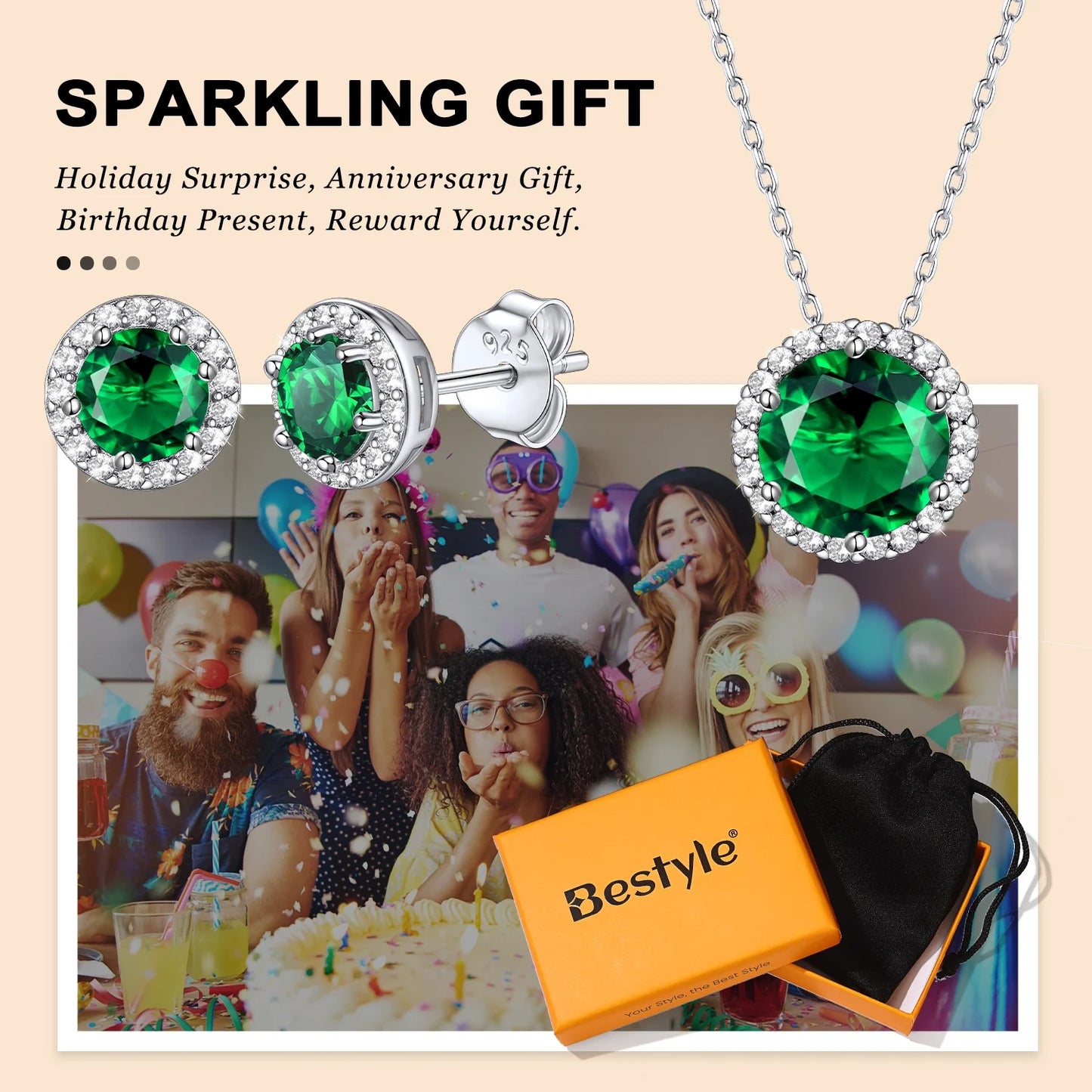 Birthstone Necklace for Women 925 Sterling Silver Necklaces May round Green Emerald Crystal Pendant Gifts for Everyday Wear