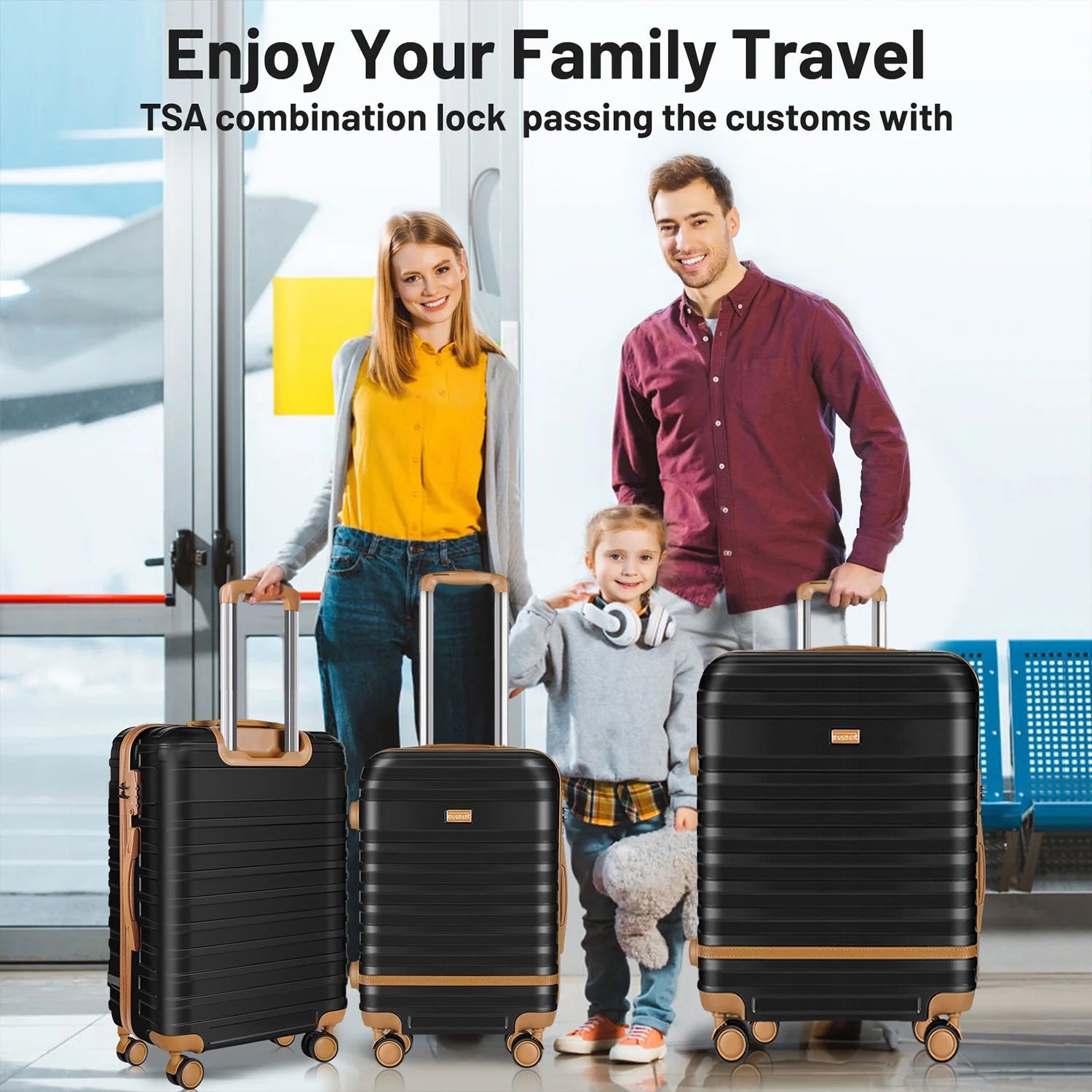 12.00" 3 Piece Hardside Spinner Lightweight Luggage Set, Black
