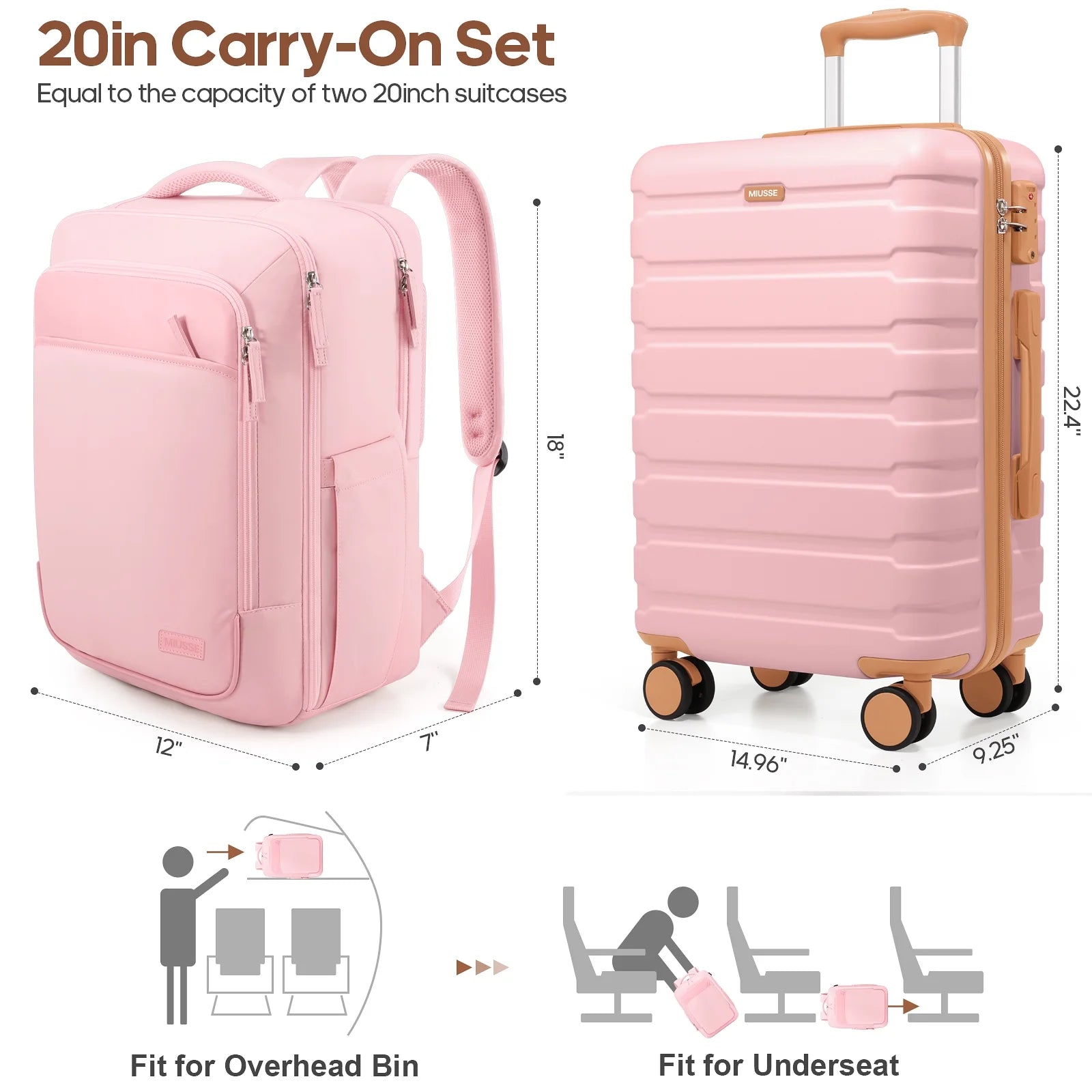 Carry on Luggage Set 3 Piece Hard Shell Luggage Sets with Spinner Wheels TSA Lock Carry on with Backpack Set