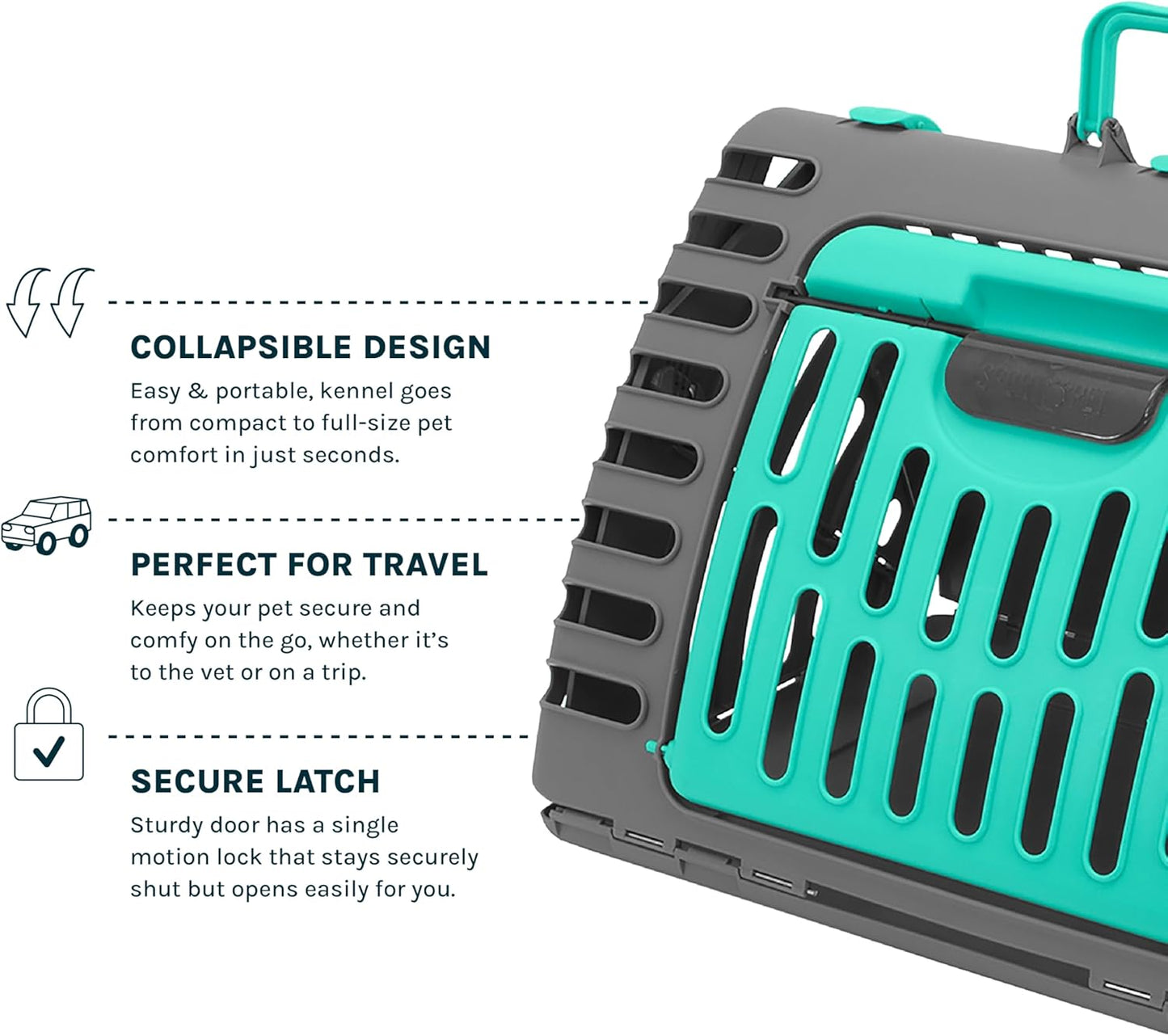 Sportpet Travel Cat Carrier, Hard-Sided Cat Carrier with Patented Wide Side-Opening Door, Foldable Portable Pet Carrier with Removable Bed for Cats & Small Pets up to 25 Lbs - Dark Grey/Teal
