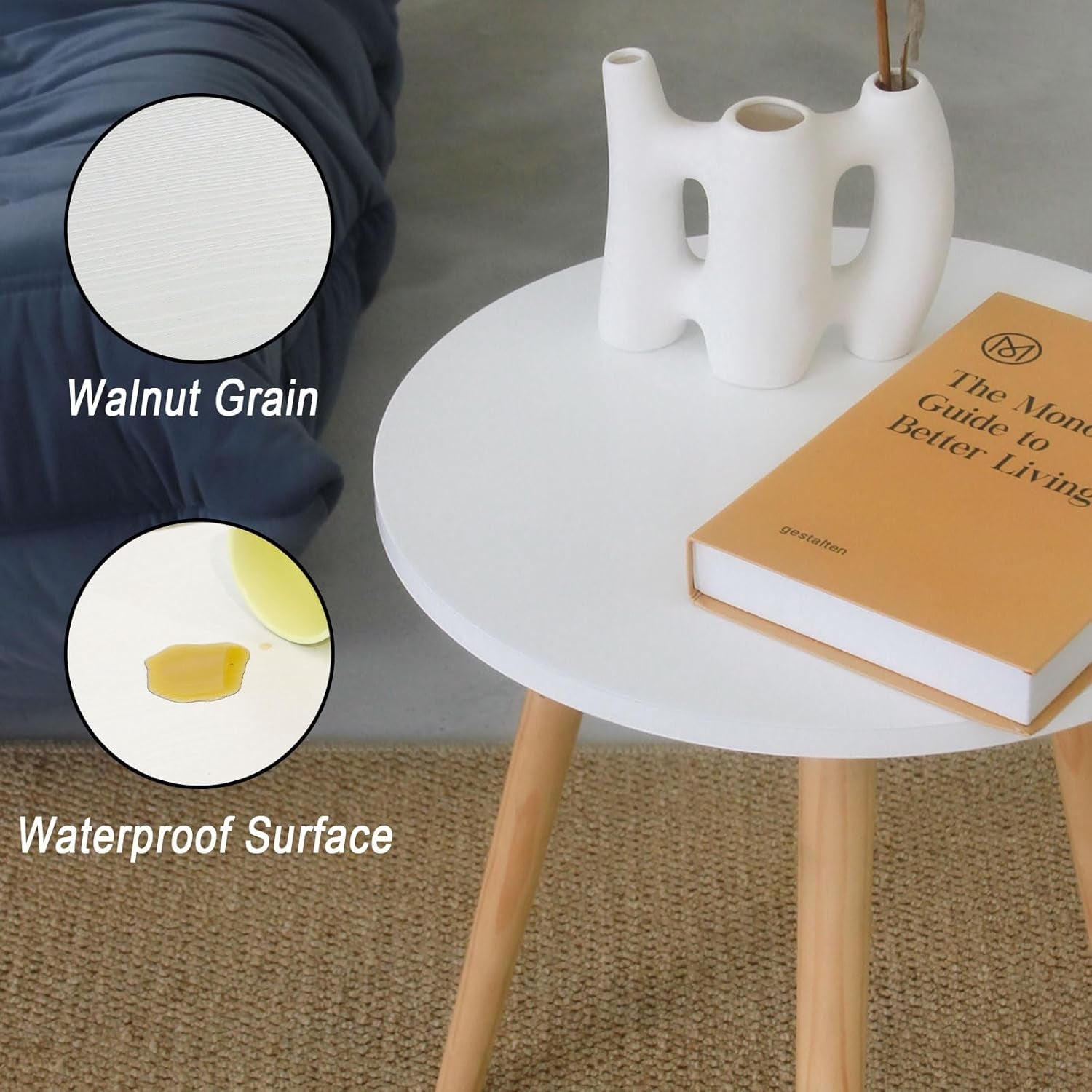 round Side Table, Small Accent Table Nightstand Modern End Table for Living Room Bedroom Office Small Spaces, 15.7''D X 19.69''H (White)