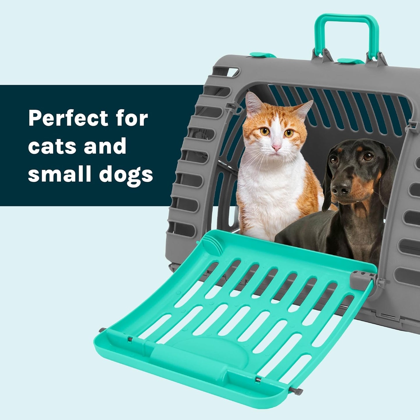 Sportpet Travel Cat Carrier, Hard-Sided Cat Carrier with Patented Wide Side-Opening Door, Foldable Portable Pet Carrier with Removable Bed for Cats & Small Pets up to 25 Lbs - Dark Grey/Teal