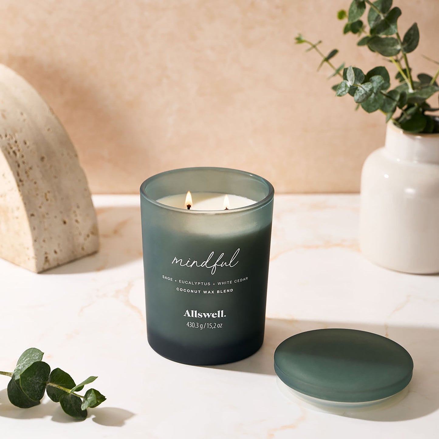 Mindful (Sage + Eucalyptus + White Cedar) Scented 2-Wick Spa Jar Candle 15Oz.