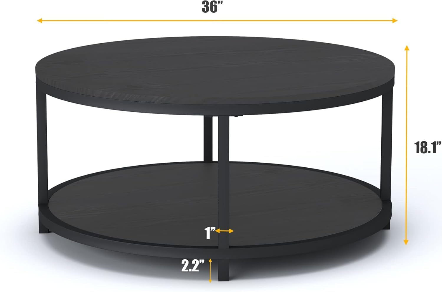 round Coffee Table, 36" Rustic Wooden Surface Top & Sturdy Metal Legs Industrial Sofa Table for Living Room Modern Design Home Furniture with Storage Open Shelf (Black Oak)