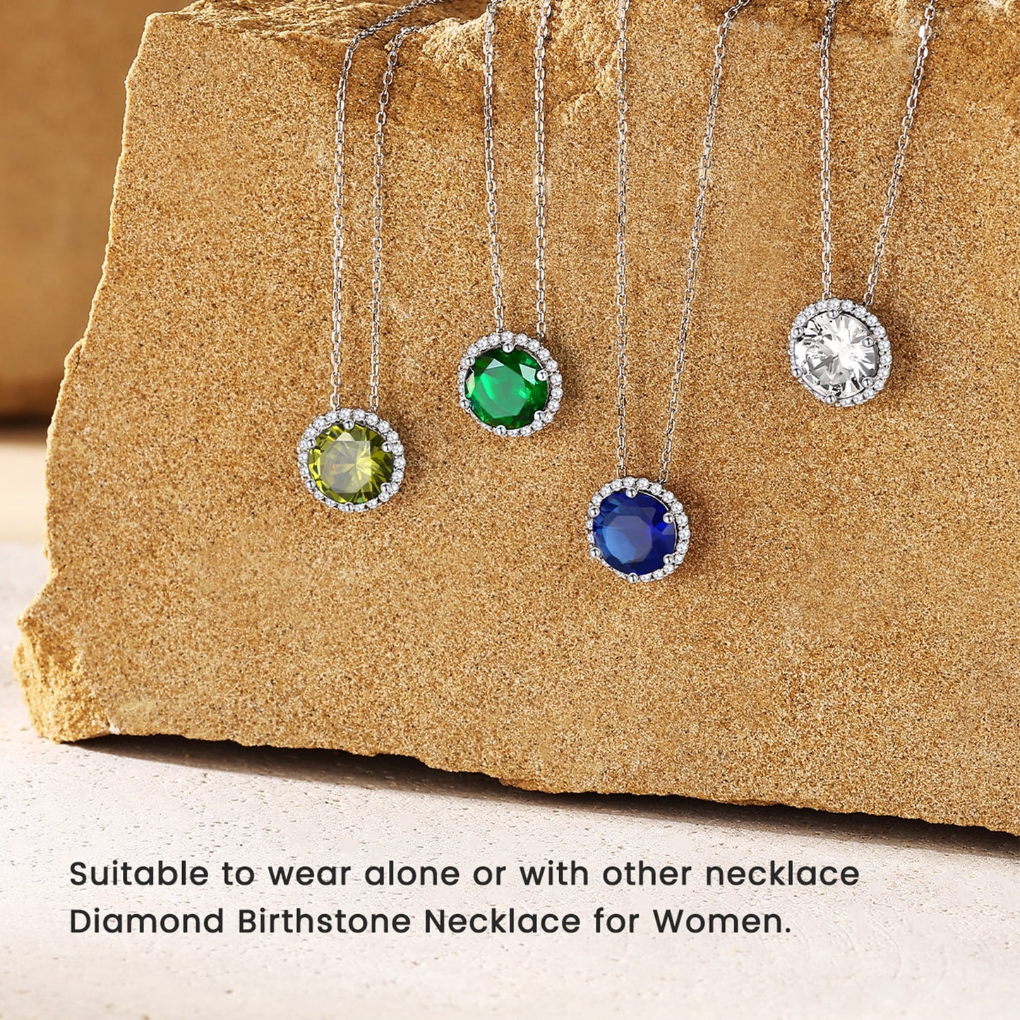 Birthstone Necklace for Women 925 Sterling Silver Necklaces May round Green Emerald Crystal Pendant Gifts for Everyday Wear