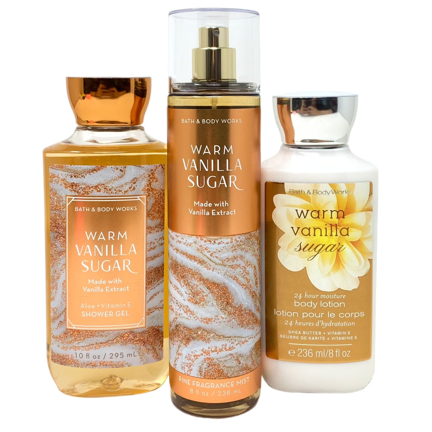 Bath and Body Works Warm Vanilla Sugar 3 Piece Set - Includes Fine Fragrance Mist, Body Lotion, and Shower Gel - Full Size