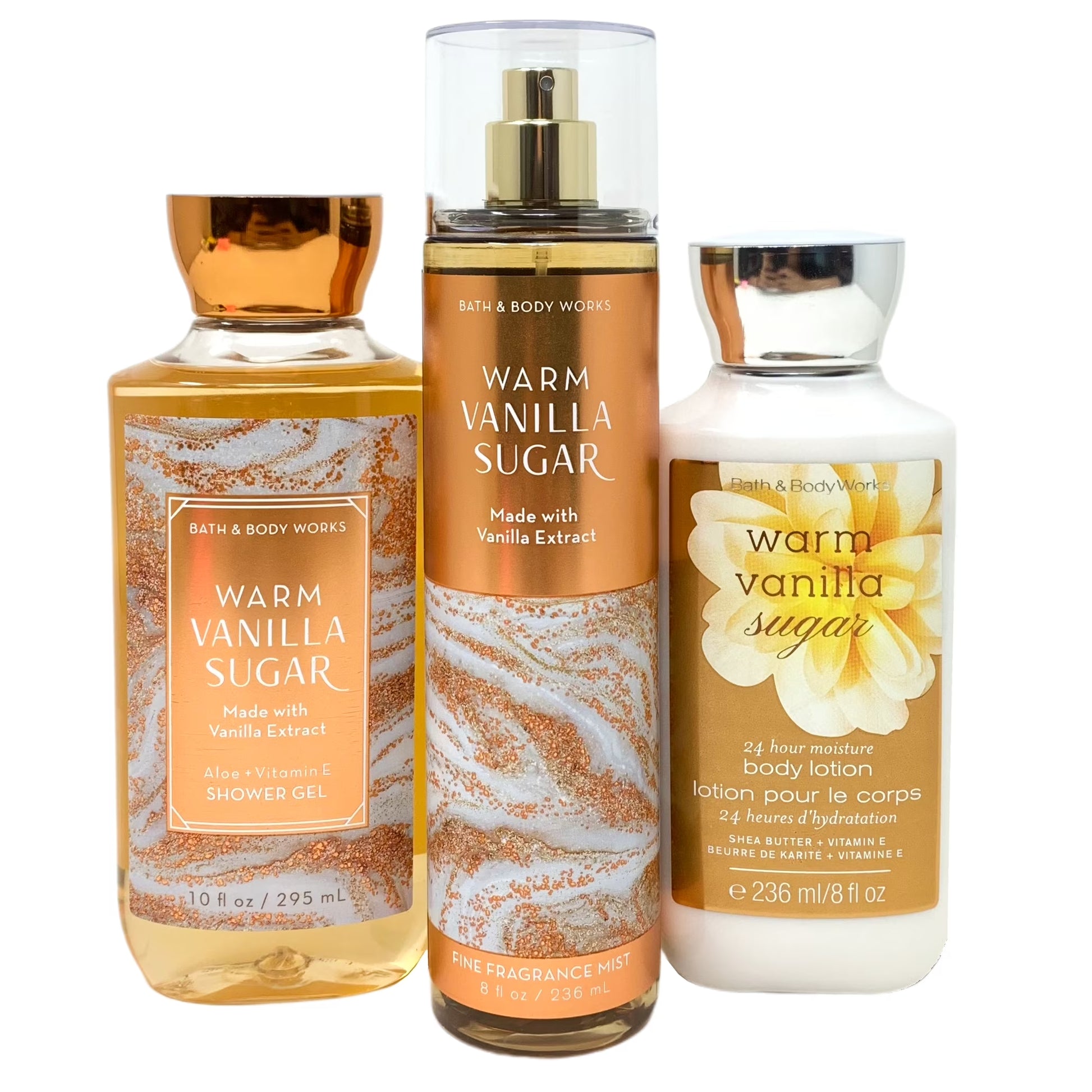 Bath and Body Works Warm Vanilla Sugar 3 Piece Set - Includes Fine Fragrance Mist, Body Lotion, and Shower Gel - Full Size