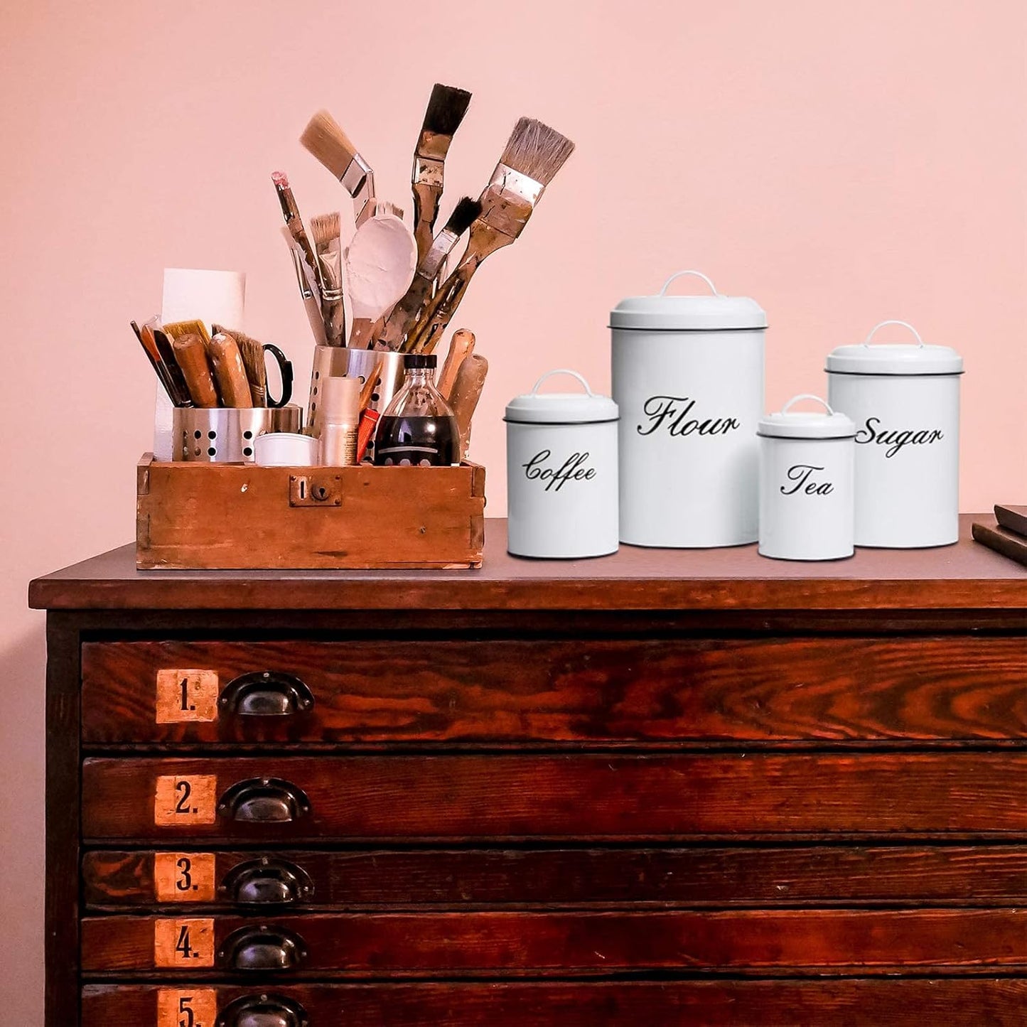 White Canister Sets for Kitchen Counter, Flour and Sugar Containers, Vintage Farmhouse Design Food Storage Container, 4 Pack