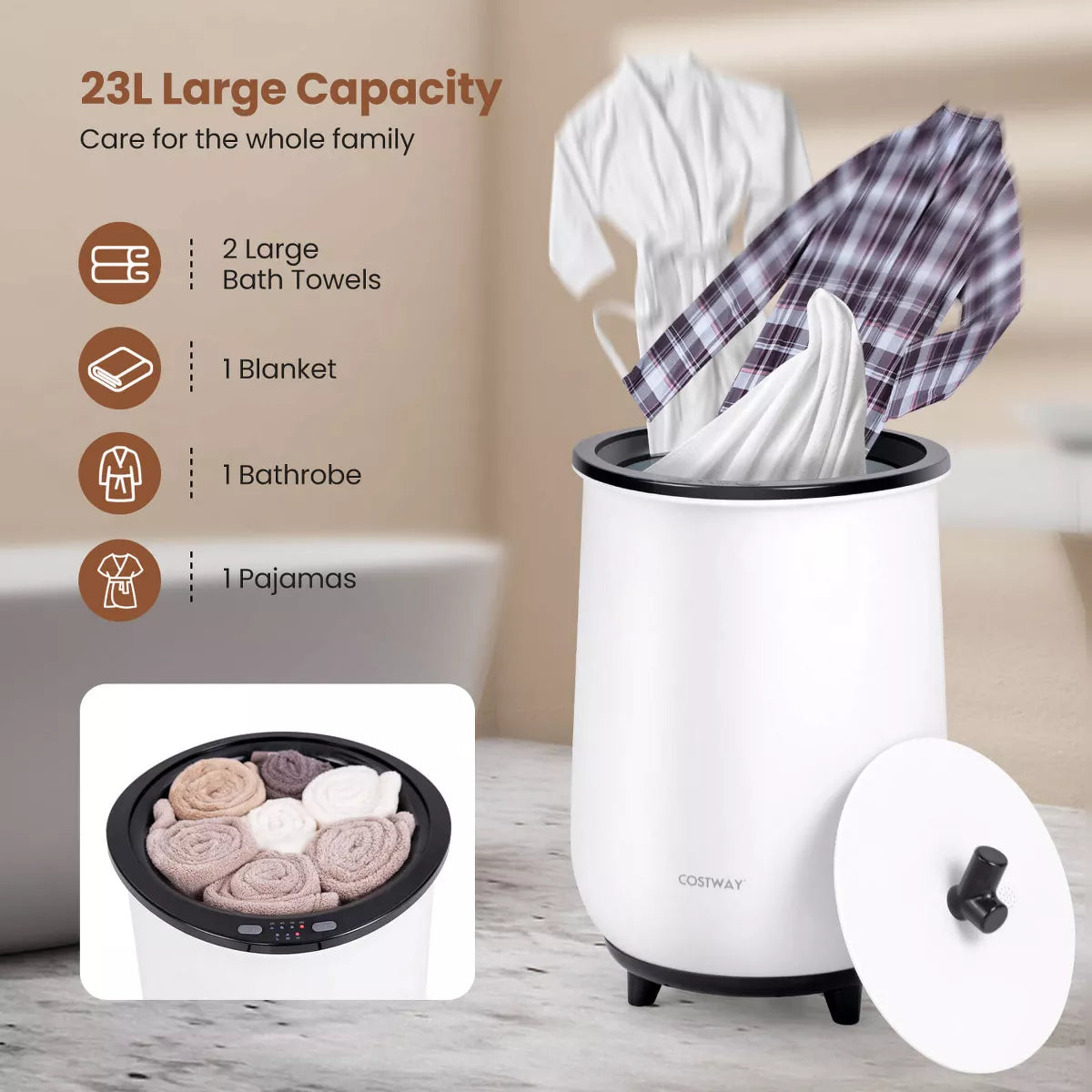 Costway 23L room Towel Warmer Bucket 4 Timer with Fragrance Holder & 3-Level Heating Grey/White/Black/Brown