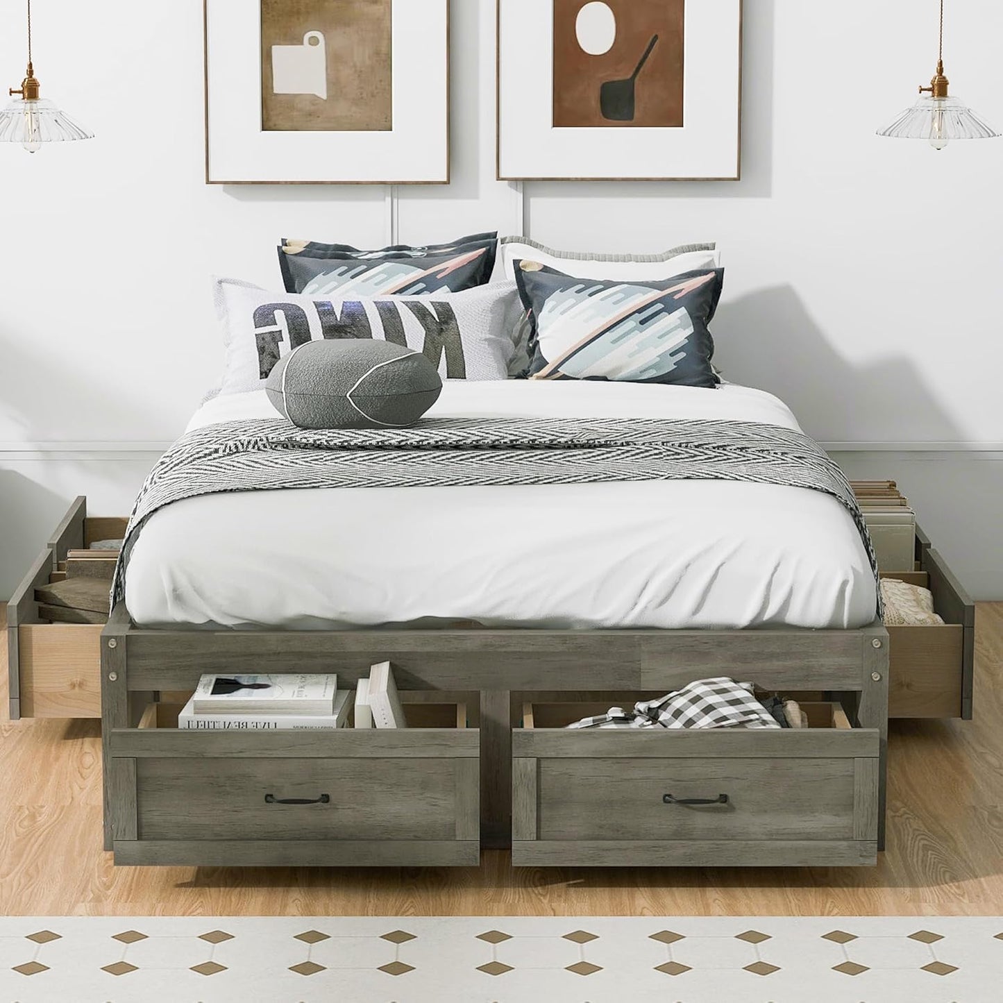 Full Size Platform Bed, Wooden Full Bed with 6 Storage Drawers, Antique Gray