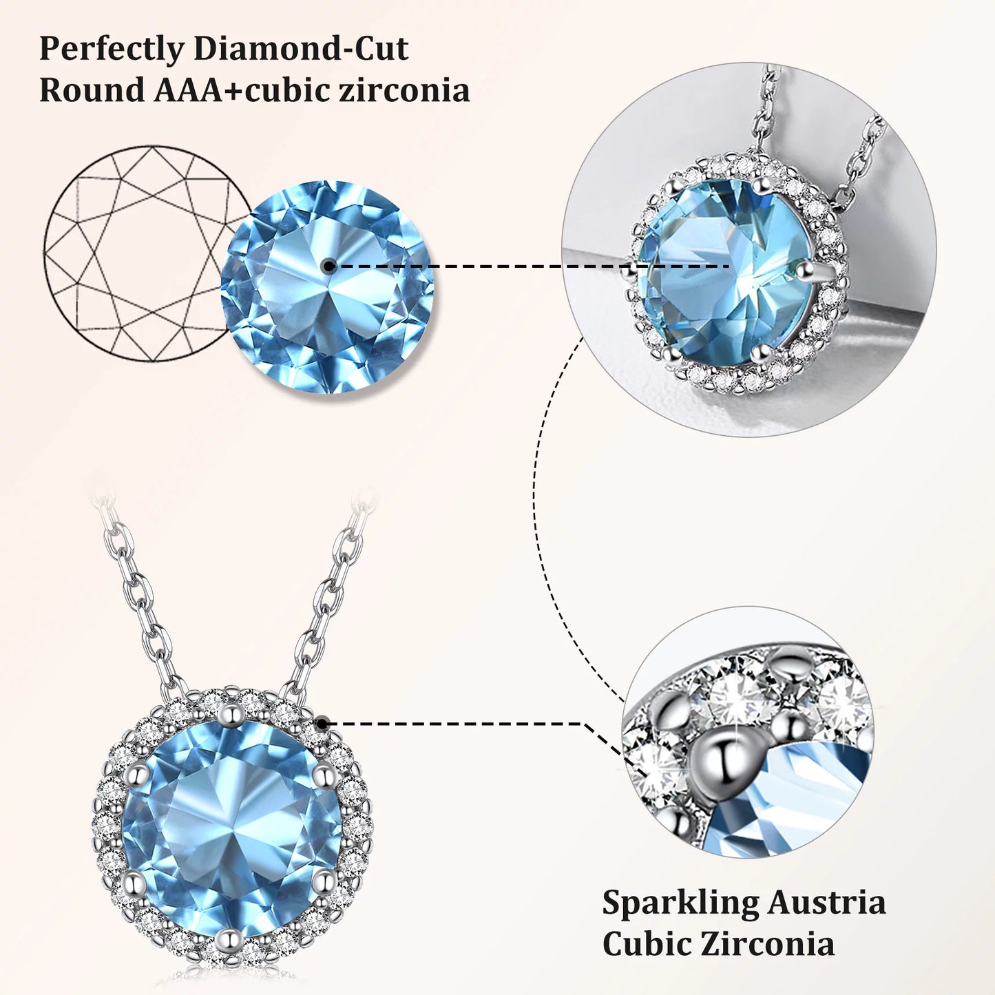 Birthstone Necklace for Women 925 Sterling Silver Necklaces March round Blue Aquamarine Crystal Pendant Gifts for Everyday Wear