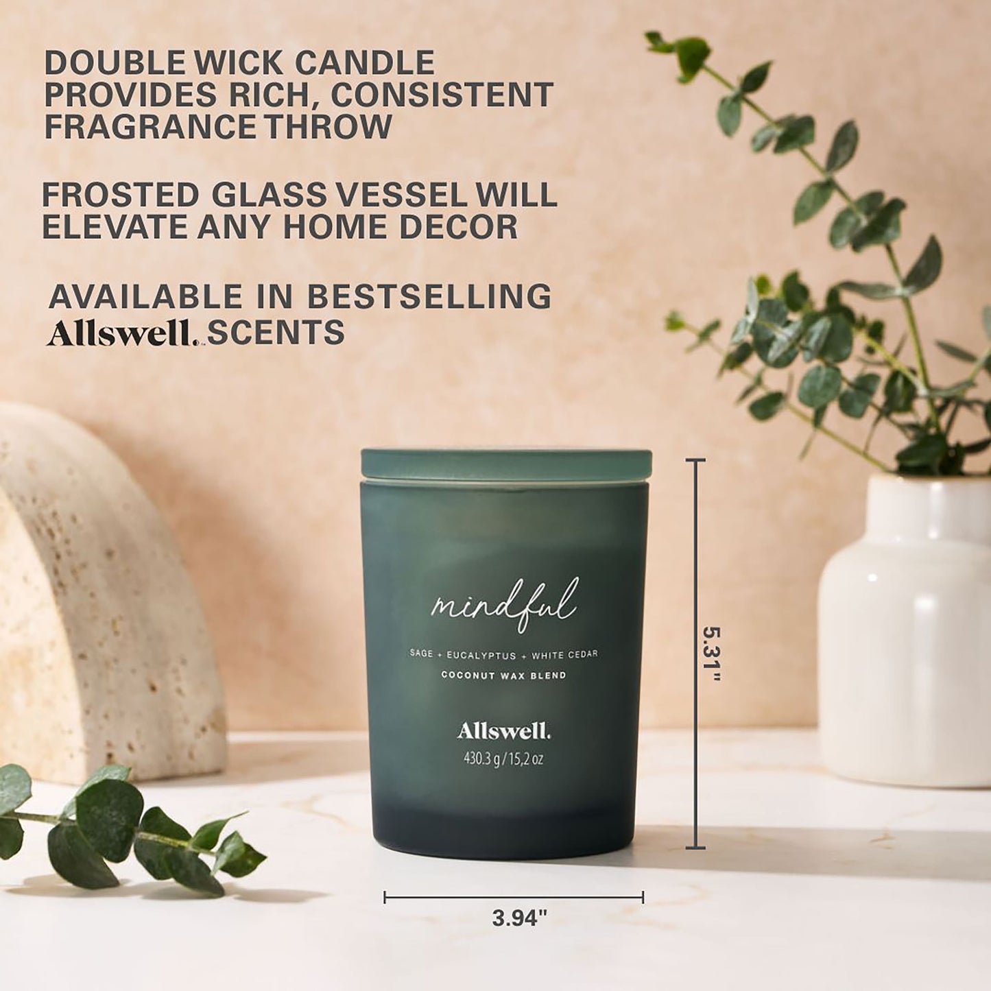 Mindful (Sage + Eucalyptus + White Cedar) Scented 2-Wick Spa Jar Candle 15Oz.