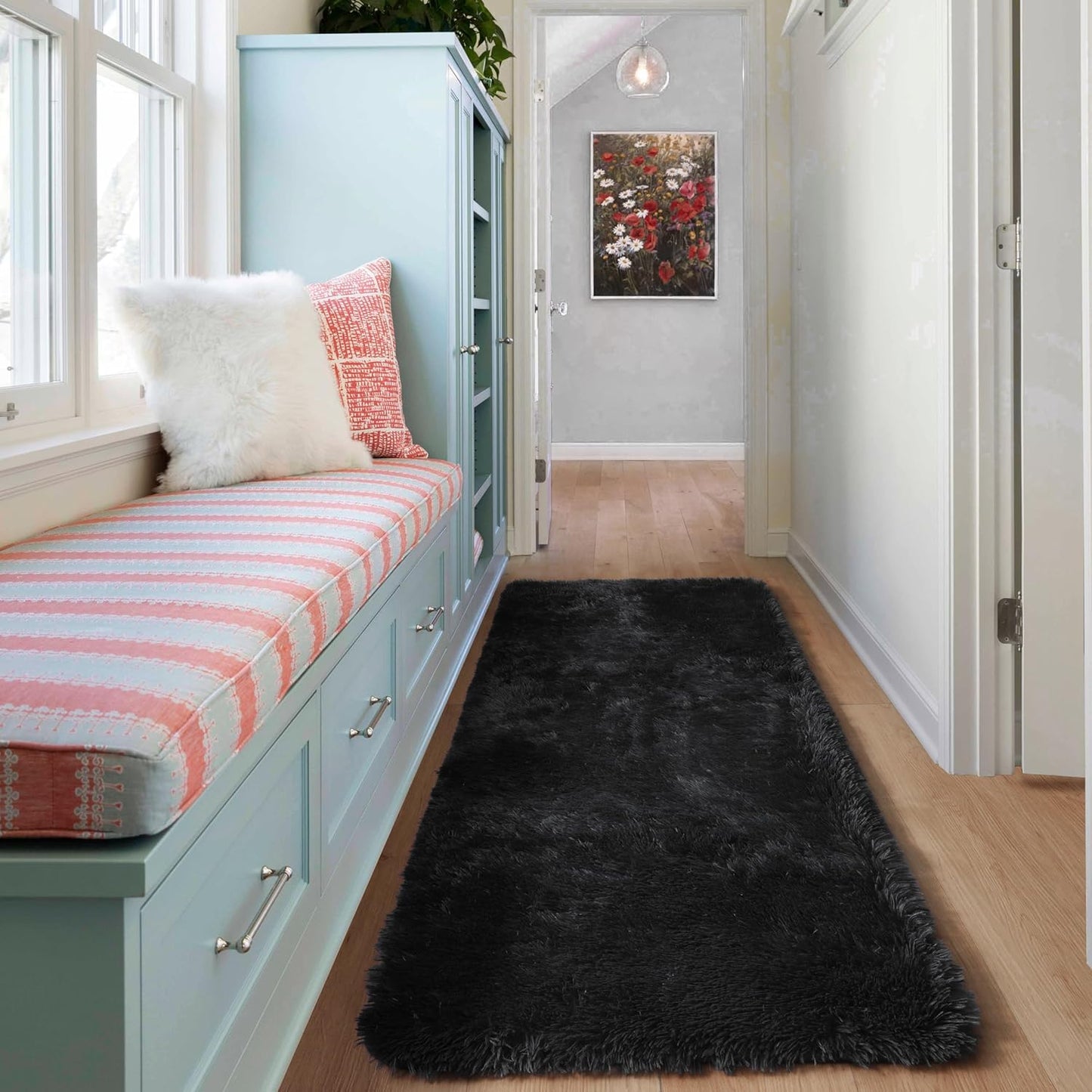 Black Runner Rugs for Bedroom Living Room, 2X6 Bedside Fluffy Area Rug, Indoor Ultra Soft Plush Shaggy Furry Floor Throw Carpet for Hallway Nursery Kids Boys Girls Dorm Closet Home Decor