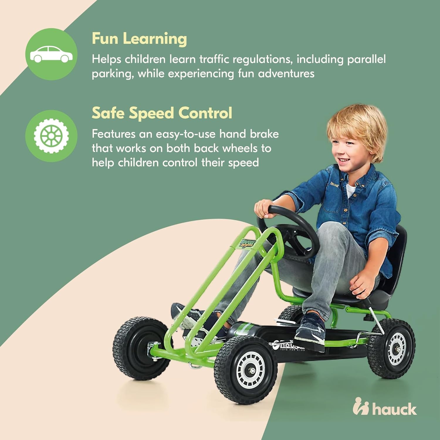 Kids Pedal Go Kart, 4 Wheel Bike Cart, Ages 4-8, Lightning Ride, Race Green - Outdoor Bicycle Karts with Plastic Wheels for Boys and Girls