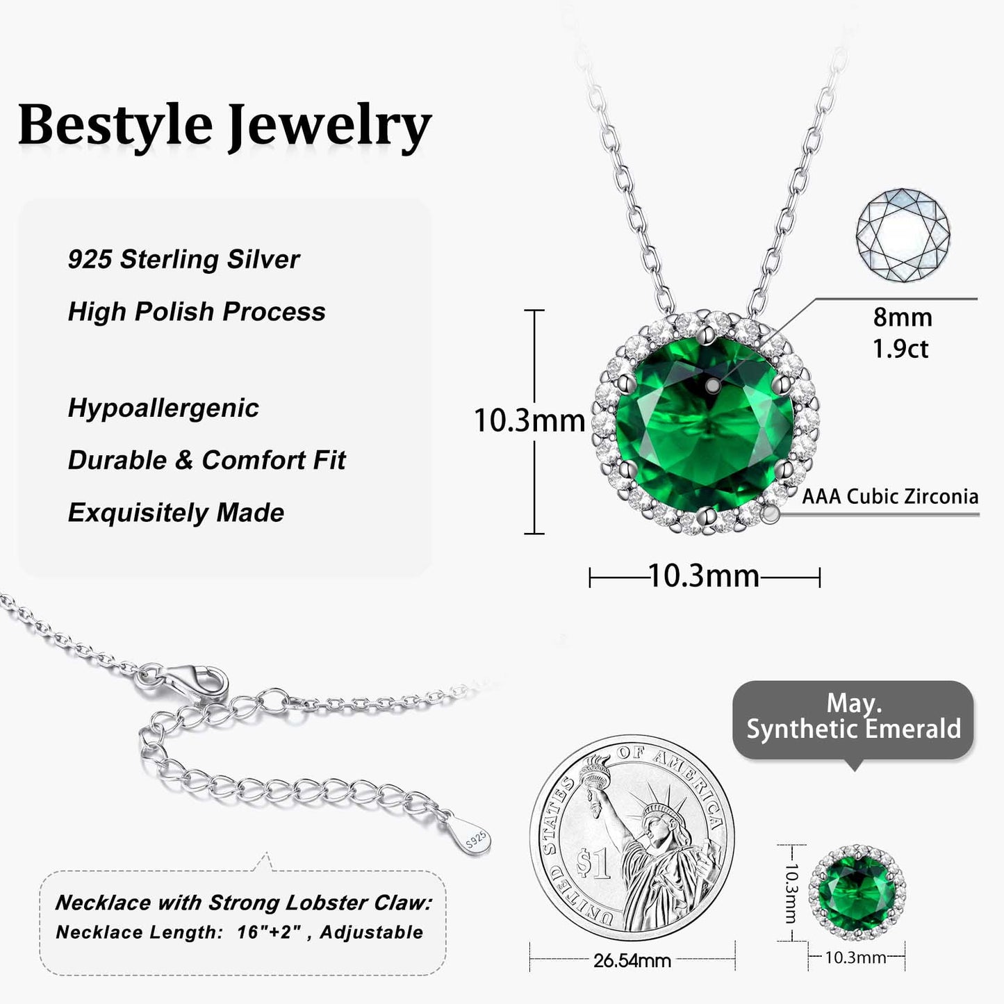 Birthstone Necklace for Women 925 Sterling Silver Necklaces May round Green Emerald Crystal Pendant Gifts for Everyday Wear