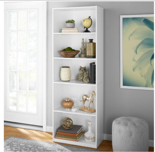 5-Shelf Bookcase with Adjustable Shelves, White